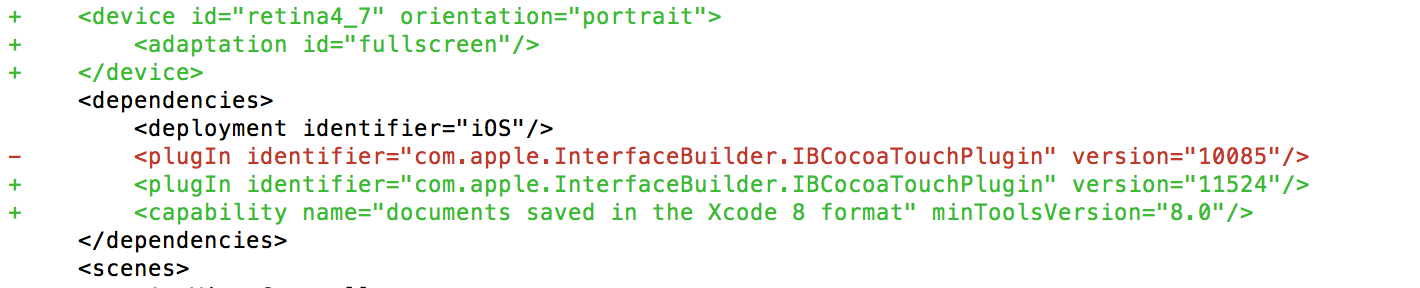 Git Diff of storyboard file after upgrade to XCode 8